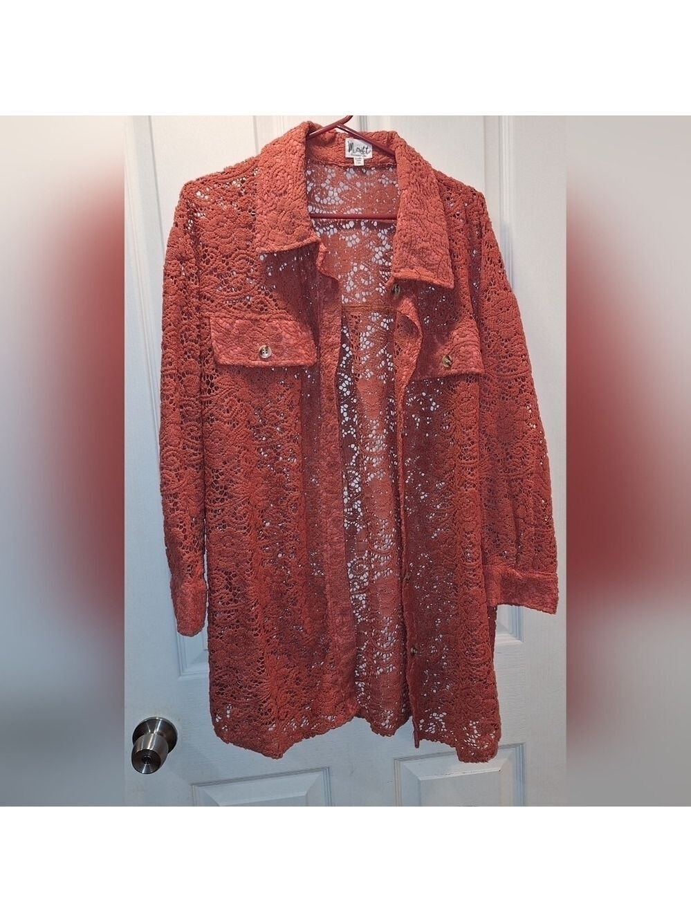 Meritt Rust Coral Lace Cut Out Floral Button-Up Jacket 1X